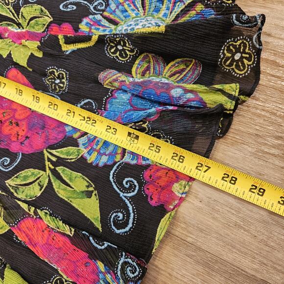 Vtg Chicos Floral Silk Midi Skirt Womens 2/Medium Black Ruffle Boho Artsy Grunge - Picture 8 of 8